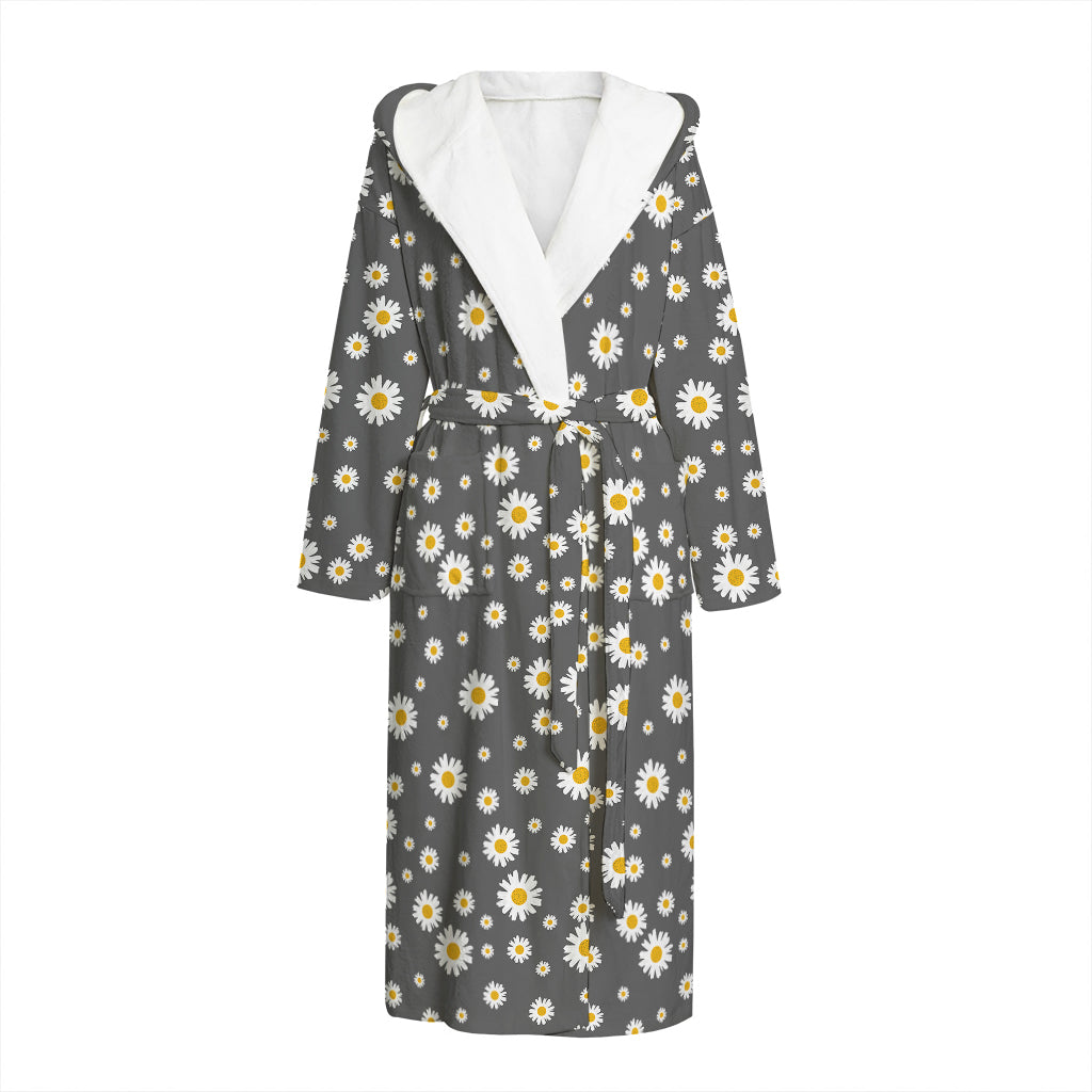 Grey Daisy Floral Pattern Print Hooded Bathrobe