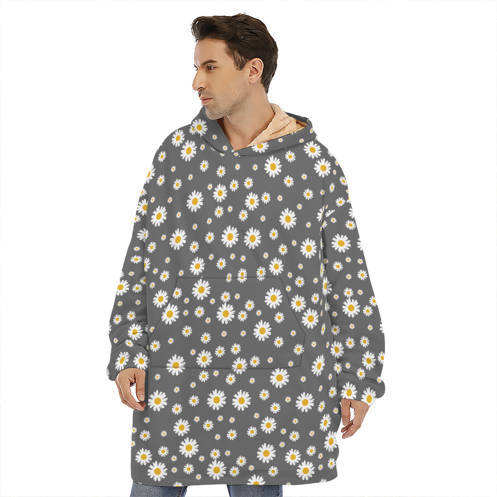 Grey Daisy Floral Pattern Print Hoodie Blanket