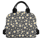 Grey Daisy Floral Pattern Print Insulated Lunch Bag