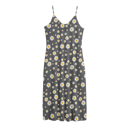 Grey Daisy Floral Pattern Print Jersey Midi Cami Dress