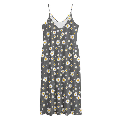 Grey Daisy Floral Pattern Print Jersey Midi Cami Dress