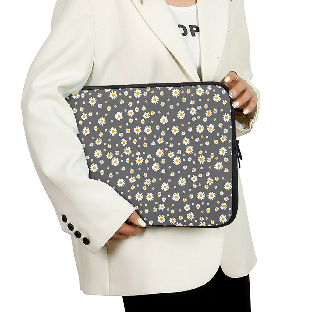 Grey Daisy Floral Pattern Print Laptop Sleeve