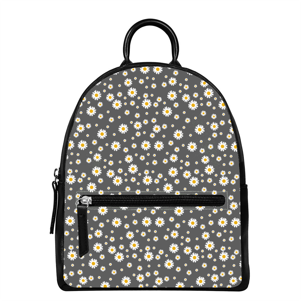 Grey Daisy Floral Pattern Print Leather Backpack