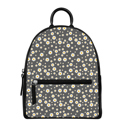Grey Daisy Floral Pattern Print Leather Backpack