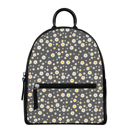 Grey Daisy Floral Pattern Print Leather Backpack