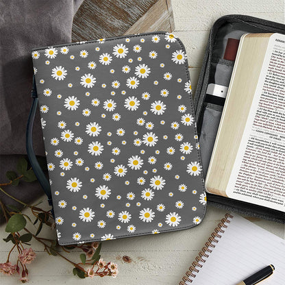 Grey Daisy Floral Pattern Print Leather Bible Cover