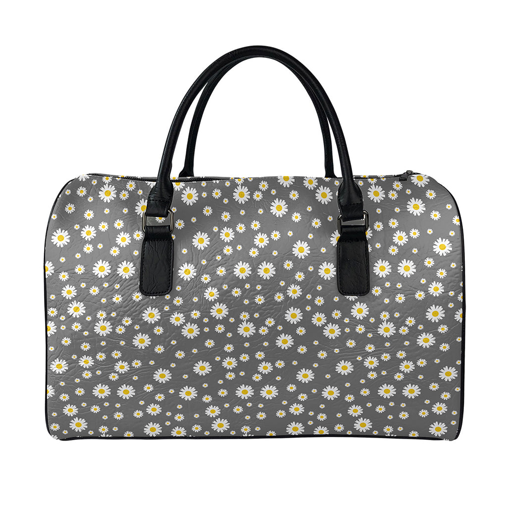 Grey Daisy Floral Pattern Print Leather Duffle Bag