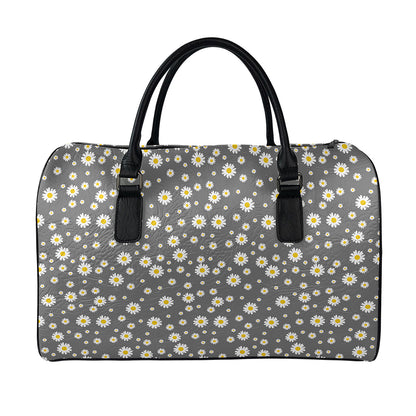 Grey Daisy Floral Pattern Print Leather Duffle Bag
