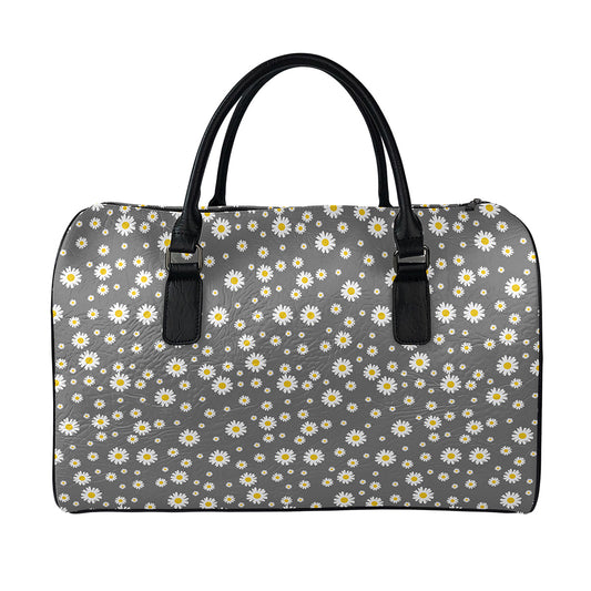 Grey Daisy Floral Pattern Print Leather Duffle Bag