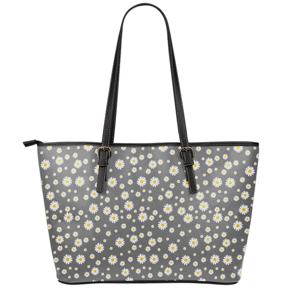 Grey Daisy Floral Pattern Print Leather Tote Bag
