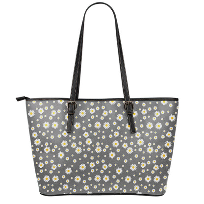 Grey Daisy Floral Pattern Print Leather Tote Bag