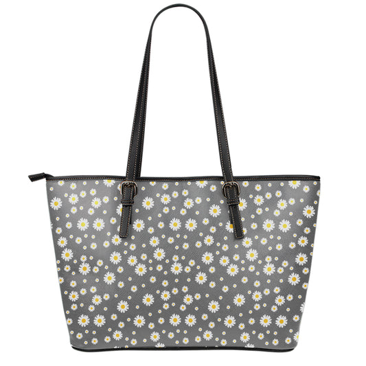 Grey Daisy Floral Pattern Print Leather Tote Bag