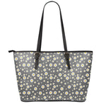 Grey Daisy Floral Pattern Print Leather Tote Bag