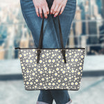 Grey Daisy Floral Pattern Print Leather Tote Bag