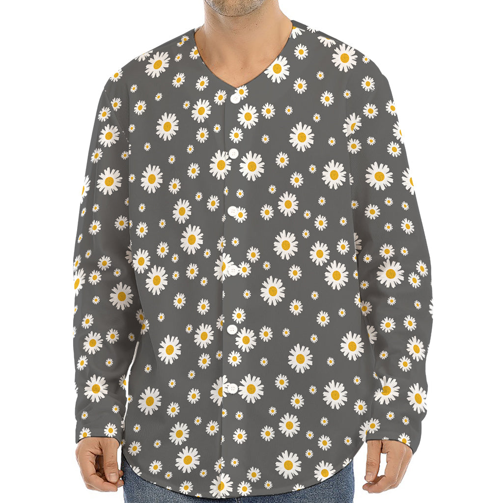 Grey Daisy Floral Pattern Print Long Sleeve Baseball Jersey