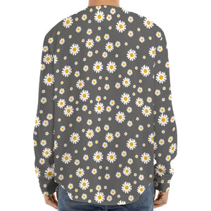 Grey Daisy Floral Pattern Print Long Sleeve Baseball Jersey