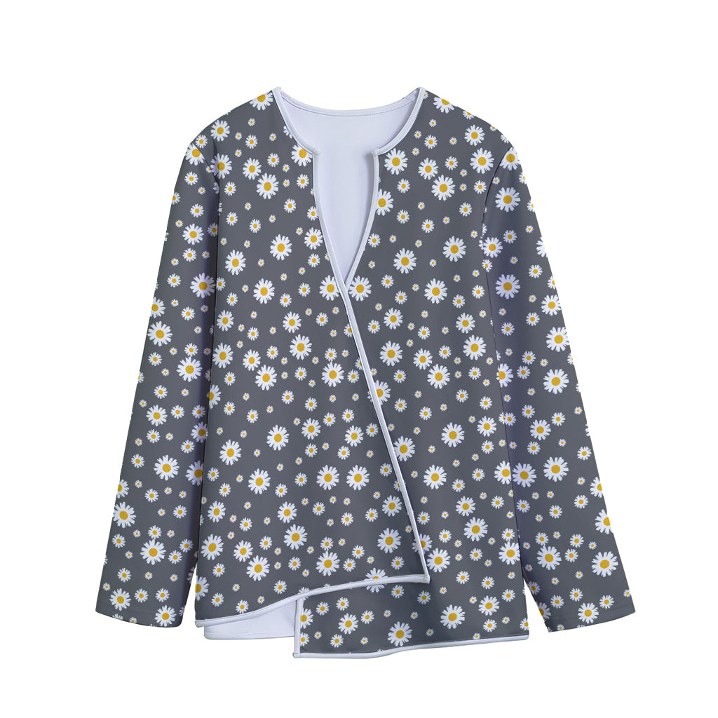 Grey Daisy Floral Pattern Print Long Sleeve Short Coat