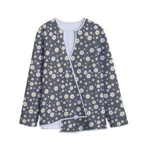 Grey Daisy Floral Pattern Print Long Sleeve Short Coat