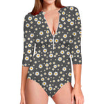 Grey Daisy Floral Pattern Print Long Sleeve Swimsuit