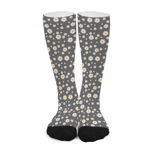 Grey Daisy Floral Pattern Print Long Socks