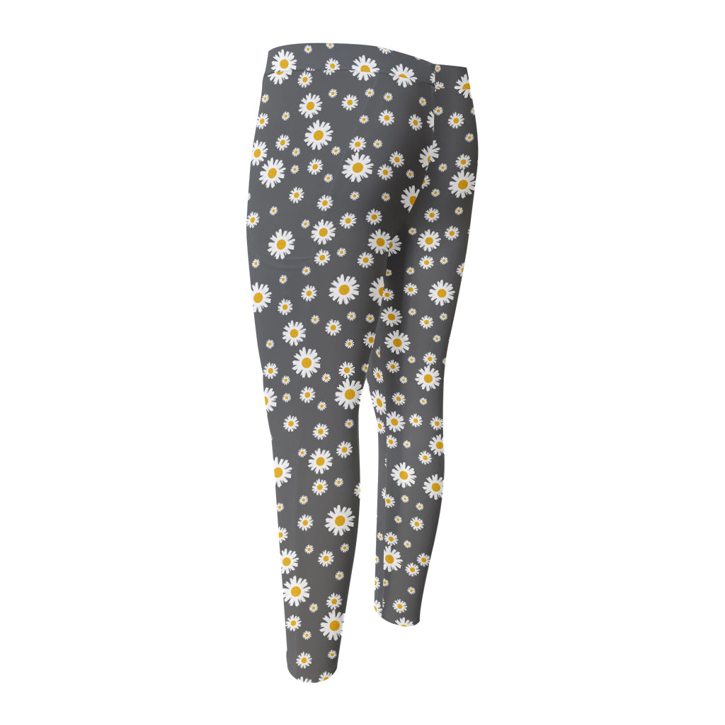 Grey Daisy Floral Pattern Print Men's Compression Pants