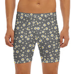 Grey Daisy Floral Pattern Print Men's Long Boxer Briefs