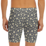 Grey Daisy Floral Pattern Print Men's Long Boxer Briefs