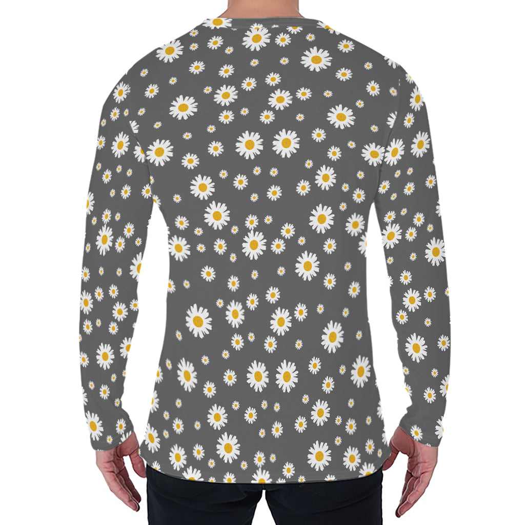 Grey Daisy Floral Pattern Print Men's Long Sleeve T-Shirt