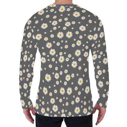 Grey Daisy Floral Pattern Print Men's Long Sleeve T-Shirt