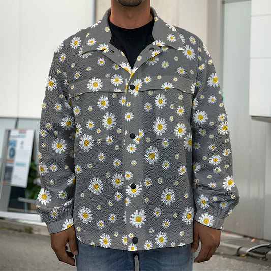 Grey Daisy Floral Pattern Print Men's Shirt Jacket