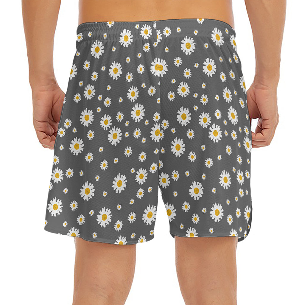 Grey Daisy Floral Pattern Print Men's Split Running Shorts