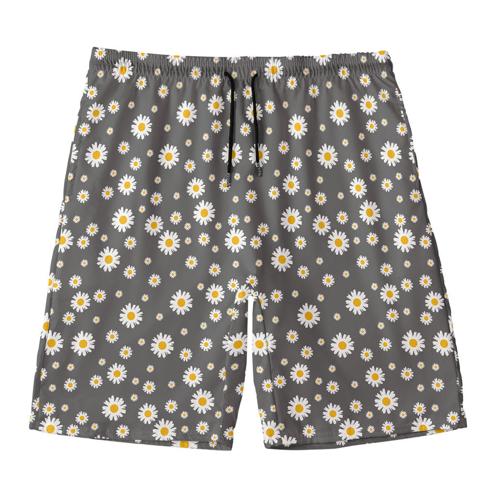 Grey Daisy Floral Pattern Print Men's Swim Trunks