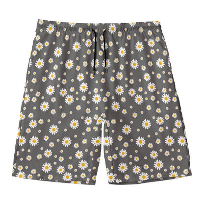 Grey Daisy Floral Pattern Print Men's Swim Trunks