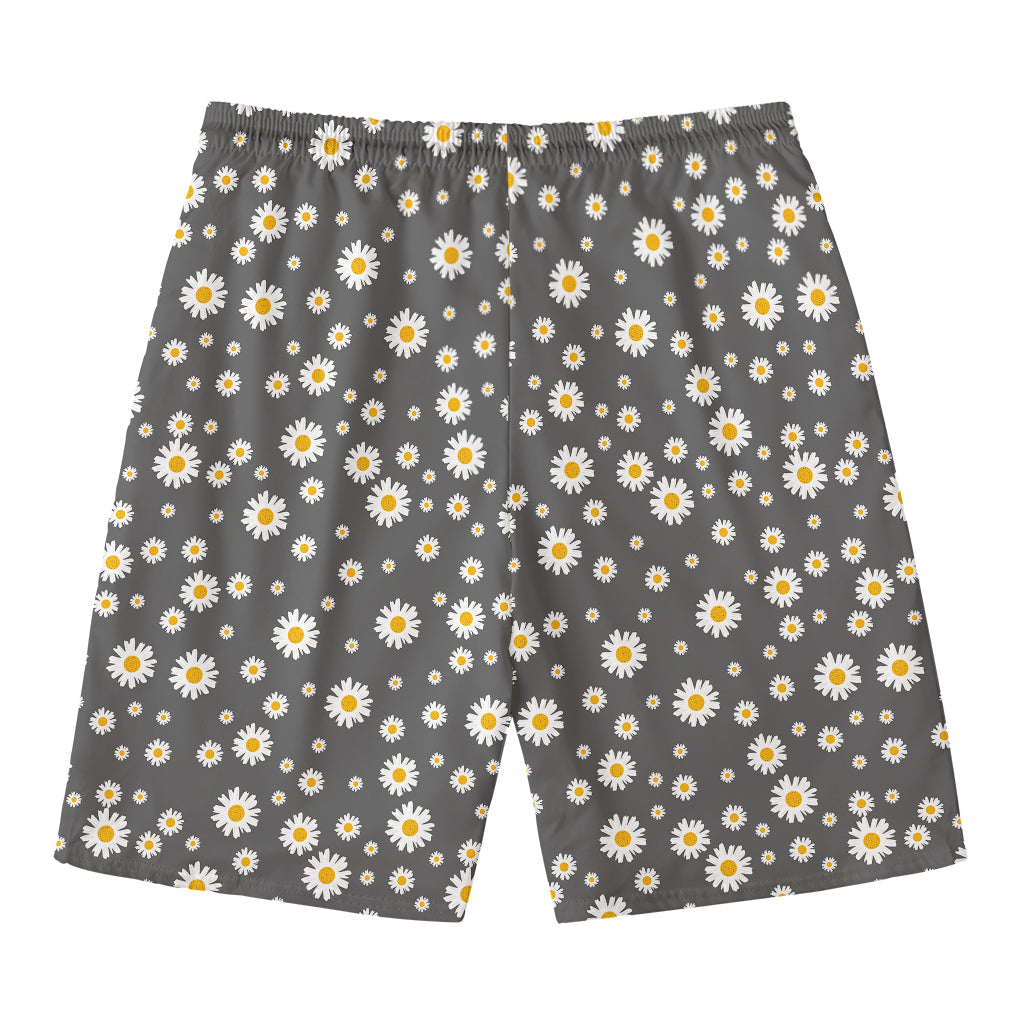 Grey Daisy Floral Pattern Print Men's Swim Trunks