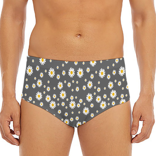 Grey Daisy Floral Pattern Print Men's Triangle Swim Briefs