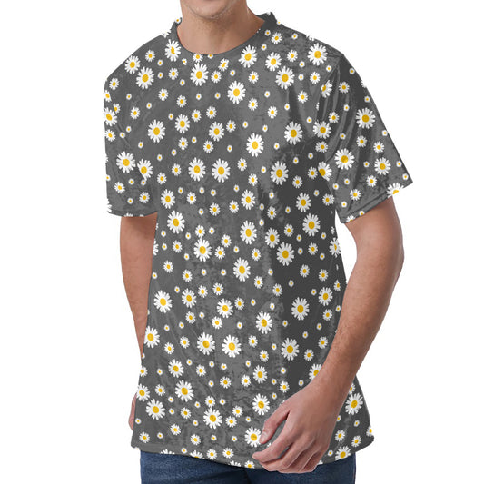 Grey Daisy Floral Pattern Print Men's Velvet T-Shirt