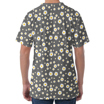 Grey Daisy Floral Pattern Print Men's Velvet T-Shirt