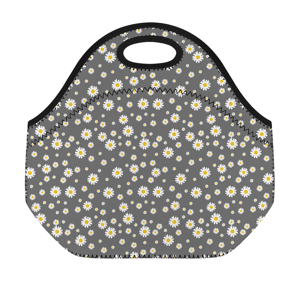 Grey Daisy Floral Pattern Print Neoprene Lunch Bag