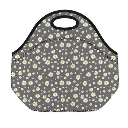 Grey Daisy Floral Pattern Print Neoprene Lunch Bag