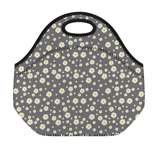 Grey Daisy Floral Pattern Print Neoprene Lunch Bag