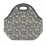 Grey Daisy Floral Pattern Print Neoprene Lunch Bag