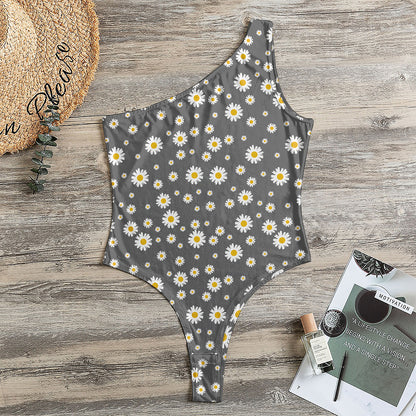 Grey Daisy Floral Pattern Print One Shoulder Bodysuit