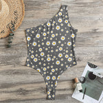 Grey Daisy Floral Pattern Print One Shoulder Bodysuit