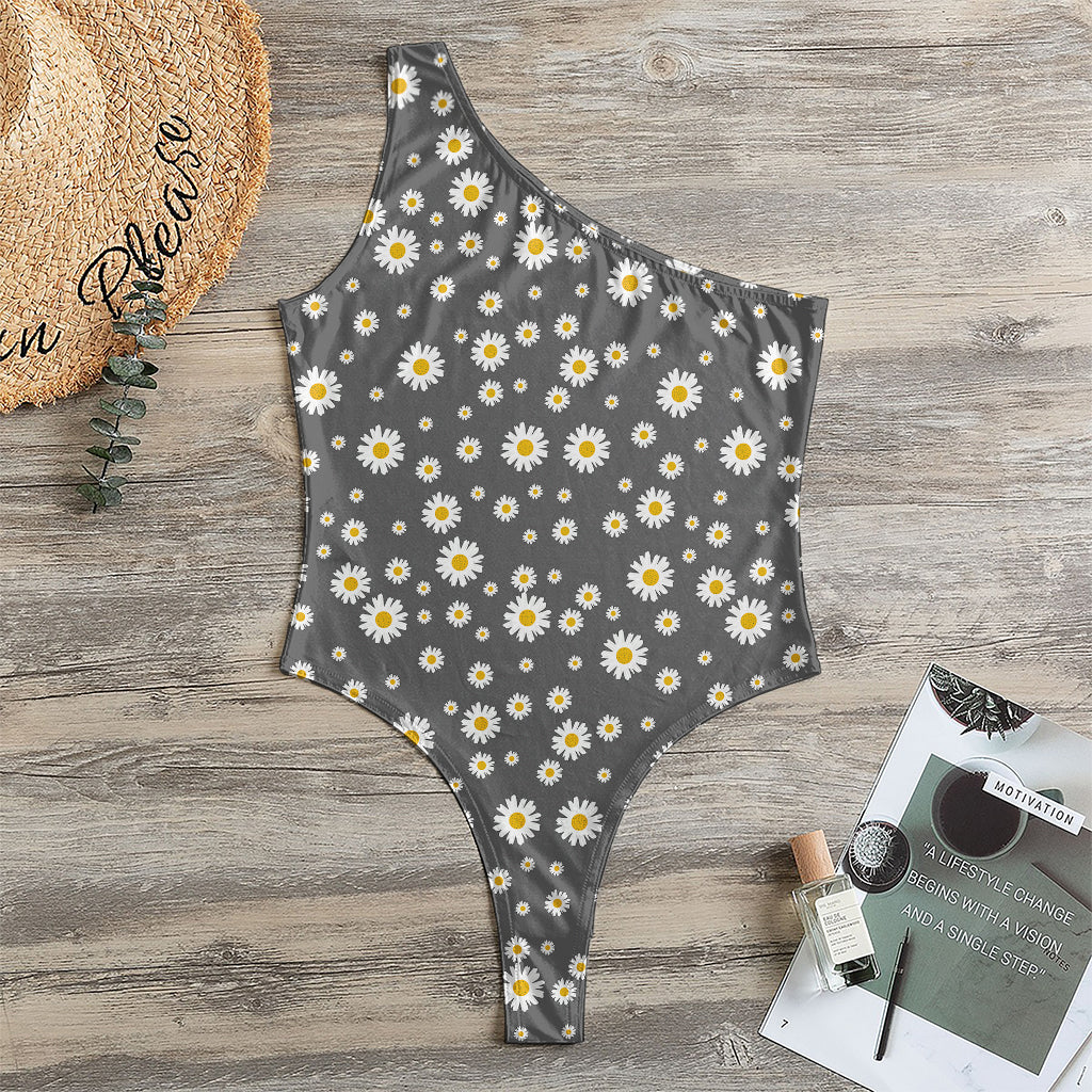 Grey Daisy Floral Pattern Print One Shoulder Bodysuit