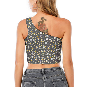 Grey Daisy Floral Pattern Print One Shoulder Crop Top