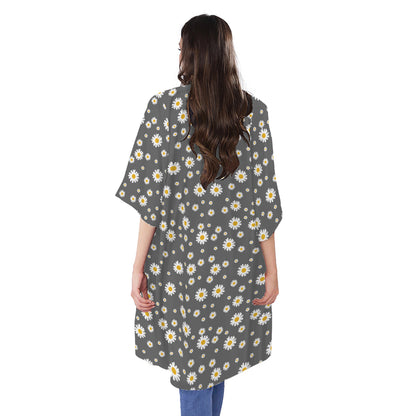 Grey Daisy Floral Pattern Print Open Front Beach Cover Up