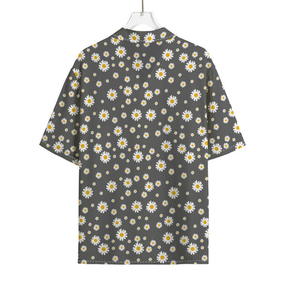 Grey Daisy Floral Pattern Print Rayon Hawaiian Shirt