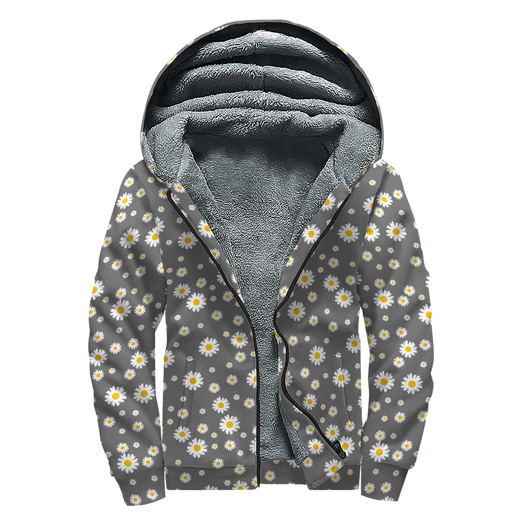 Grey Daisy Floral Pattern Print Sherpa Lined Zip Up Hoodie