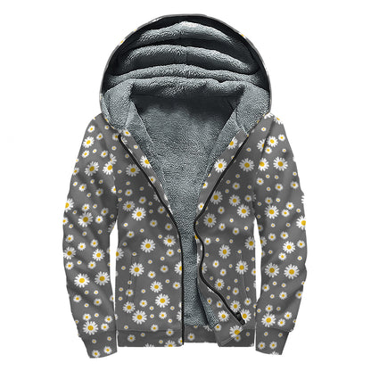 Grey Daisy Floral Pattern Print Sherpa Lined Zip Up Hoodie