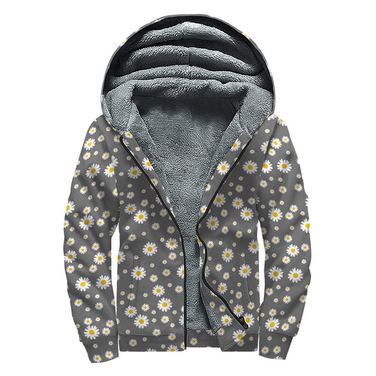 Grey Daisy Floral Pattern Print Sherpa Lined Zip Up Hoodie
